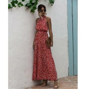 Boho red floral belted halter maxi dress